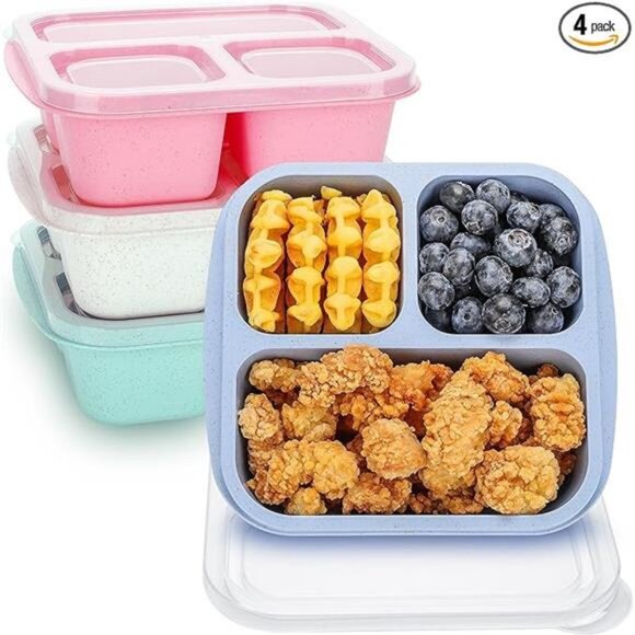 Bento Box For Kids, 4 Pack 3 Compartments Meal Prep Containers Reusable Lunch - Picture 7 of 7